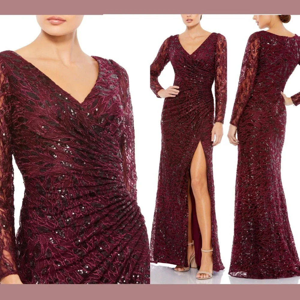 NWT $698 Mac Duggal‎ [ 16 ] Long Sleeve Ruched Sequined V Neck Gown Garnet Red